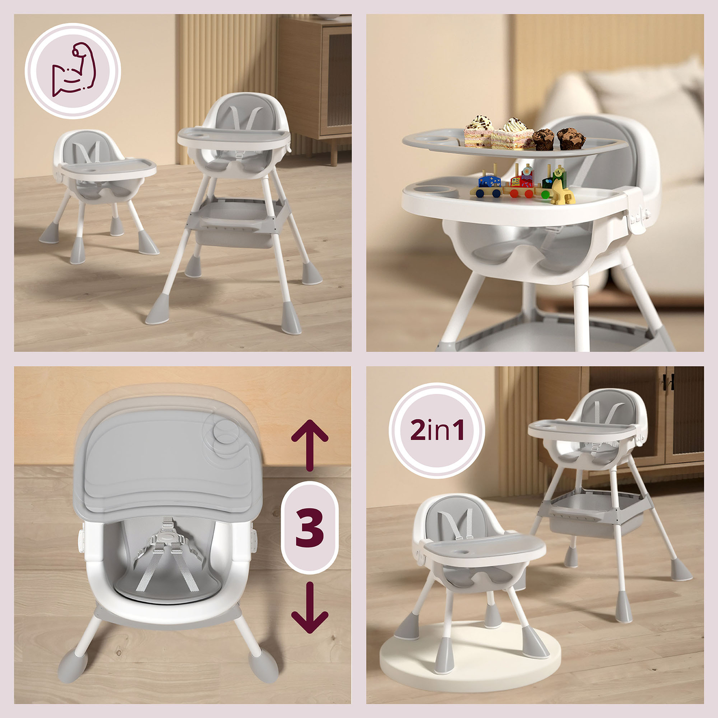 Moby-System Magnolia 2 в 1 регулируемо столче за хранене - сиво