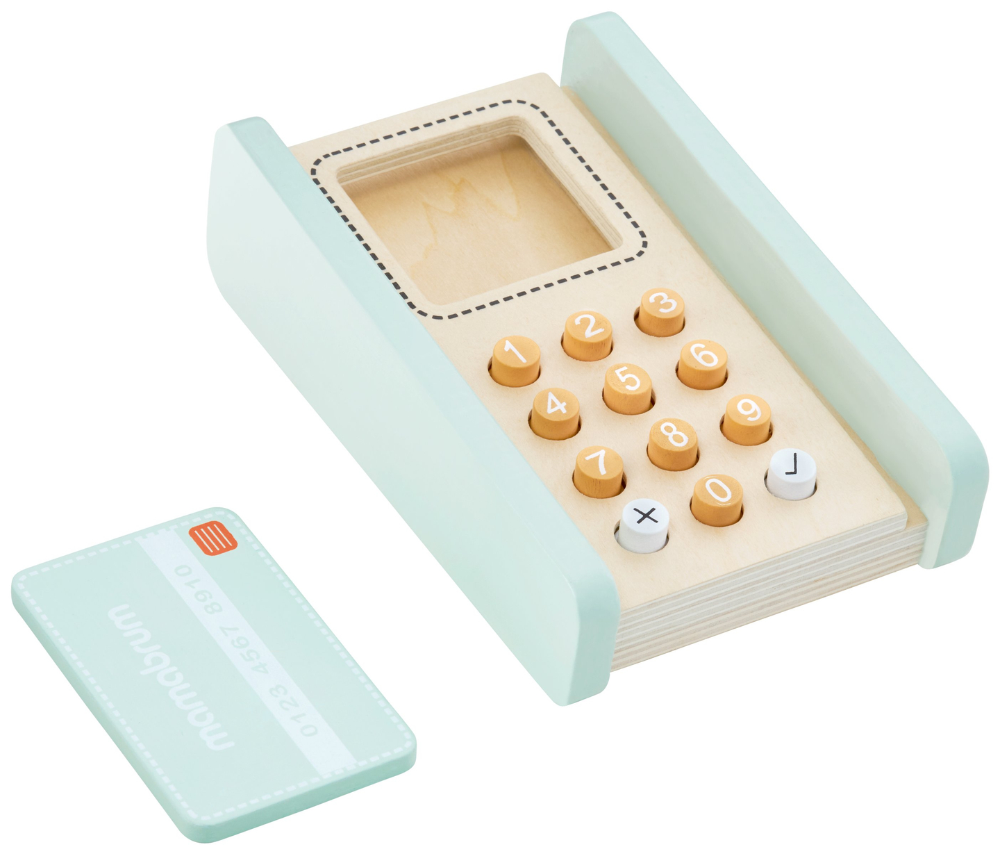 Голям дървен магазин - сергия и театър 2 в 1 с везна, терминал за плащане, плодове и зеленчуци