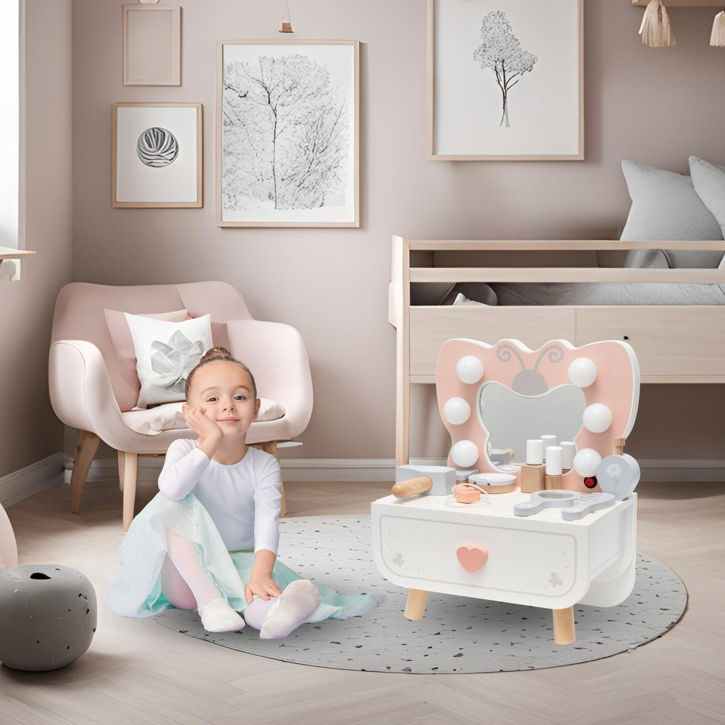 Дървена мини тоалетка с LED осветление - Butterfly