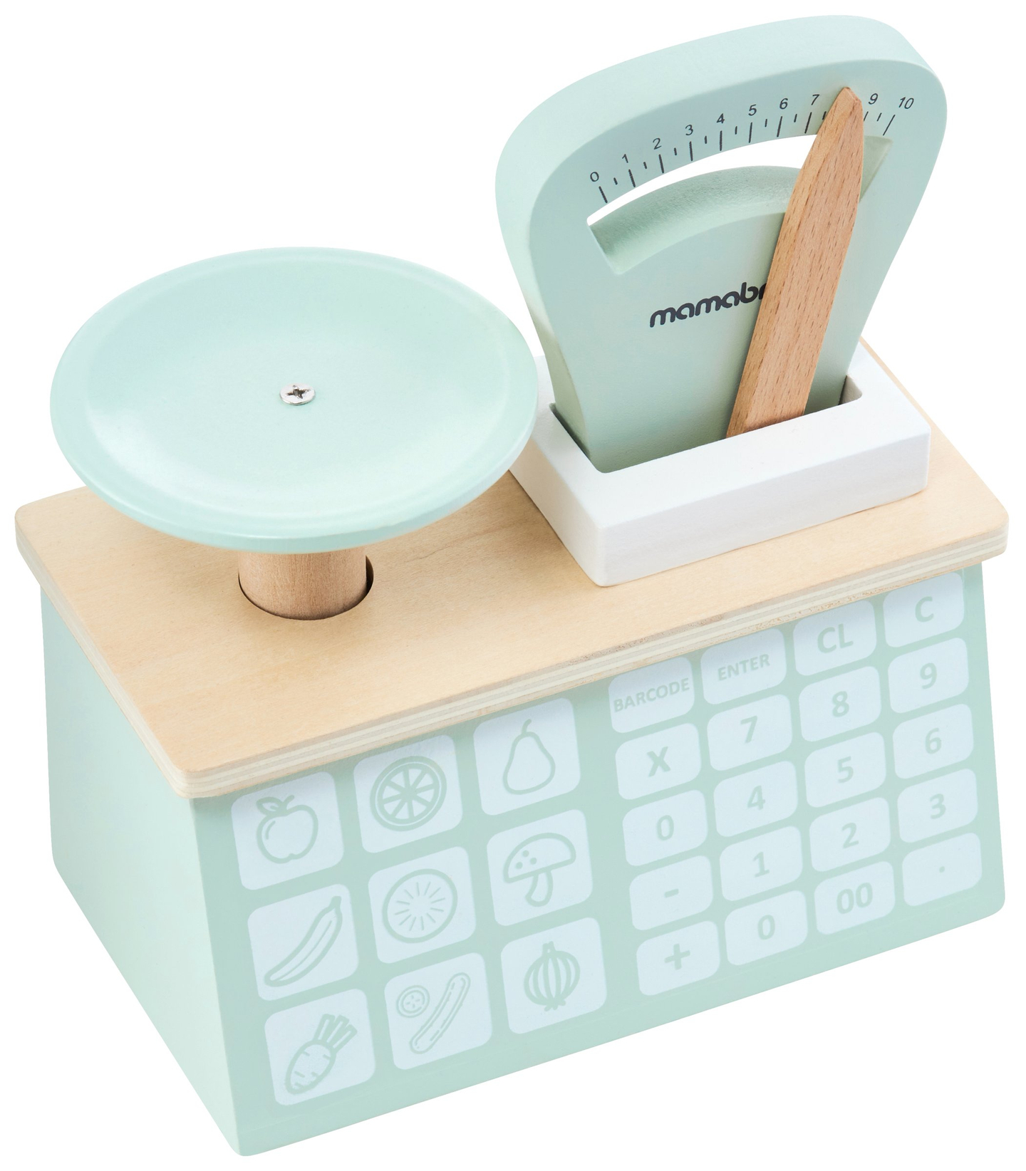 Голям дървен магазин - сергия и театър 2 в 1 с везна, терминал за плащане, плодове и зеленчуци