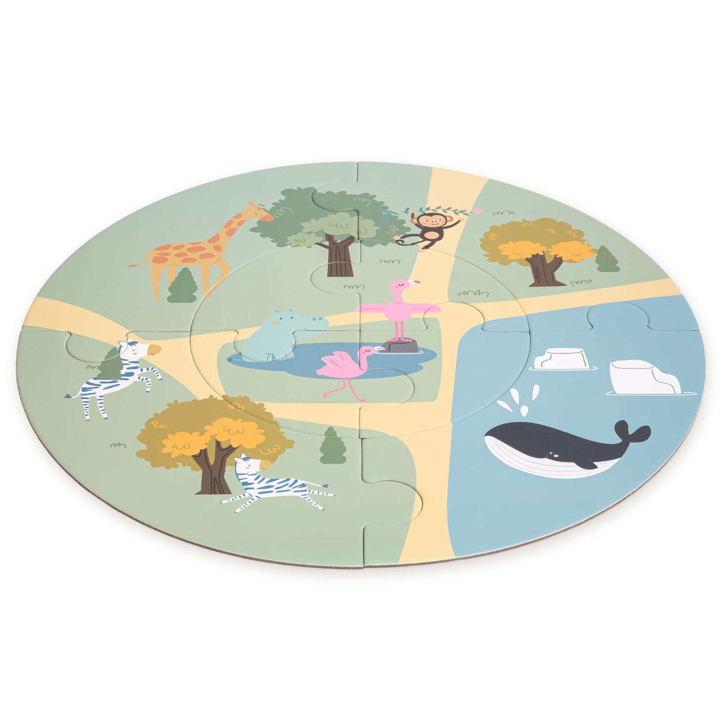 Дървено влакче в зоопарка – пъзел, влакче, релси, животни, мост, бариера