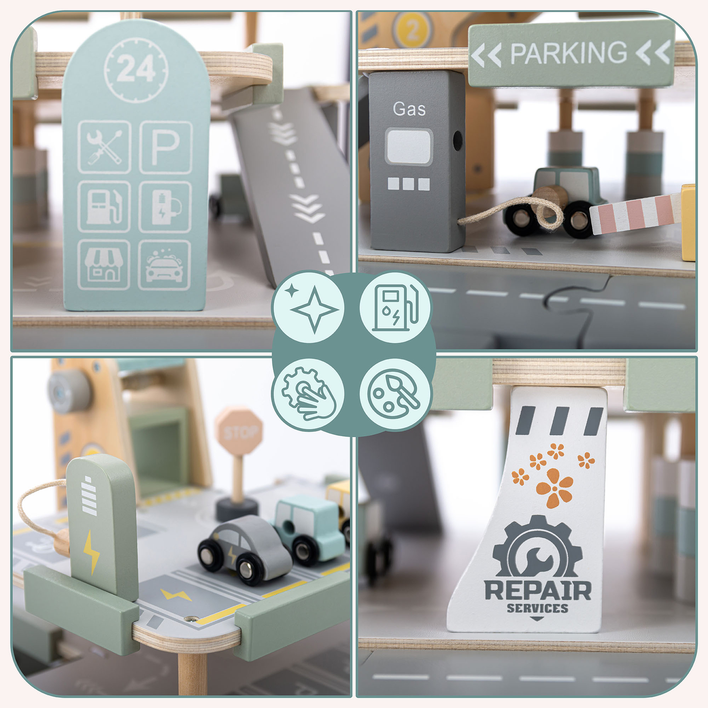 Дървен, триетажен гараж за деца с аксесоари – паркинг, бензиностанция, автомивка, хеликоптер