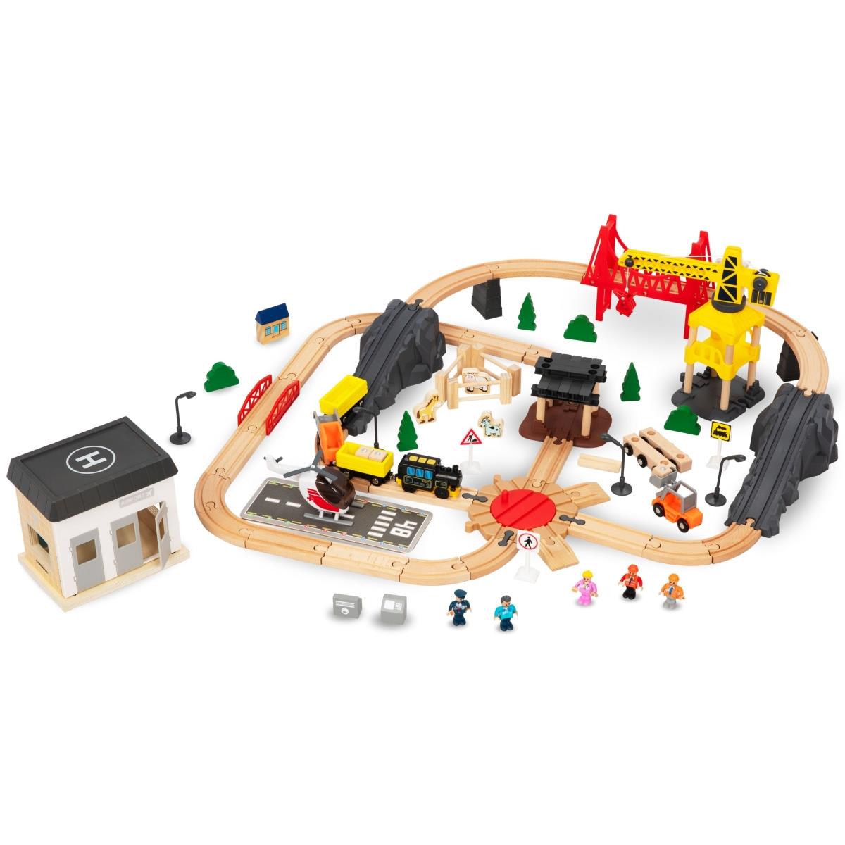 Дървена железница, акумулаторен влак - Град: релси, коли, мост, летище