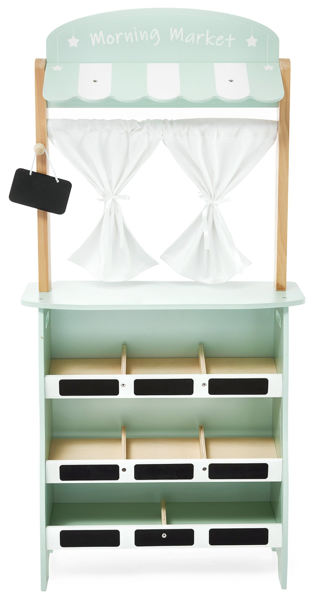 Голям дървен магазин - сергия и театър 2 в 1 с везна, терминал за плащане, плодове и зеленчуци