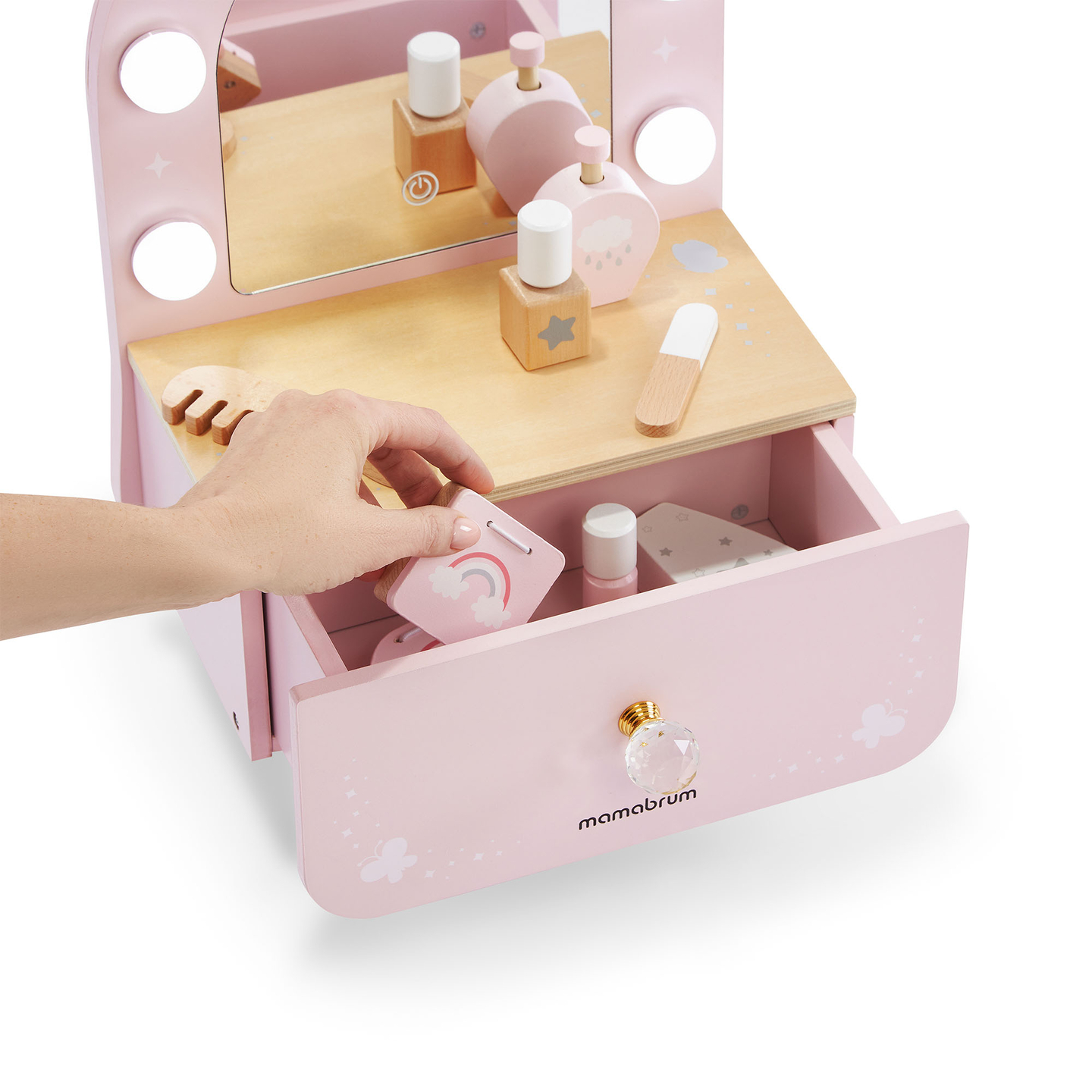 Дървена мини тоалетка за деца с аксесоари и LED осветление с плавно регулиране на яркостта