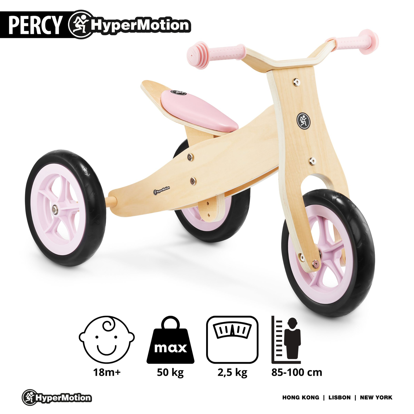Дървена триколка и велосипед за баланс 2в1 - HyperMotion PERCY - розов