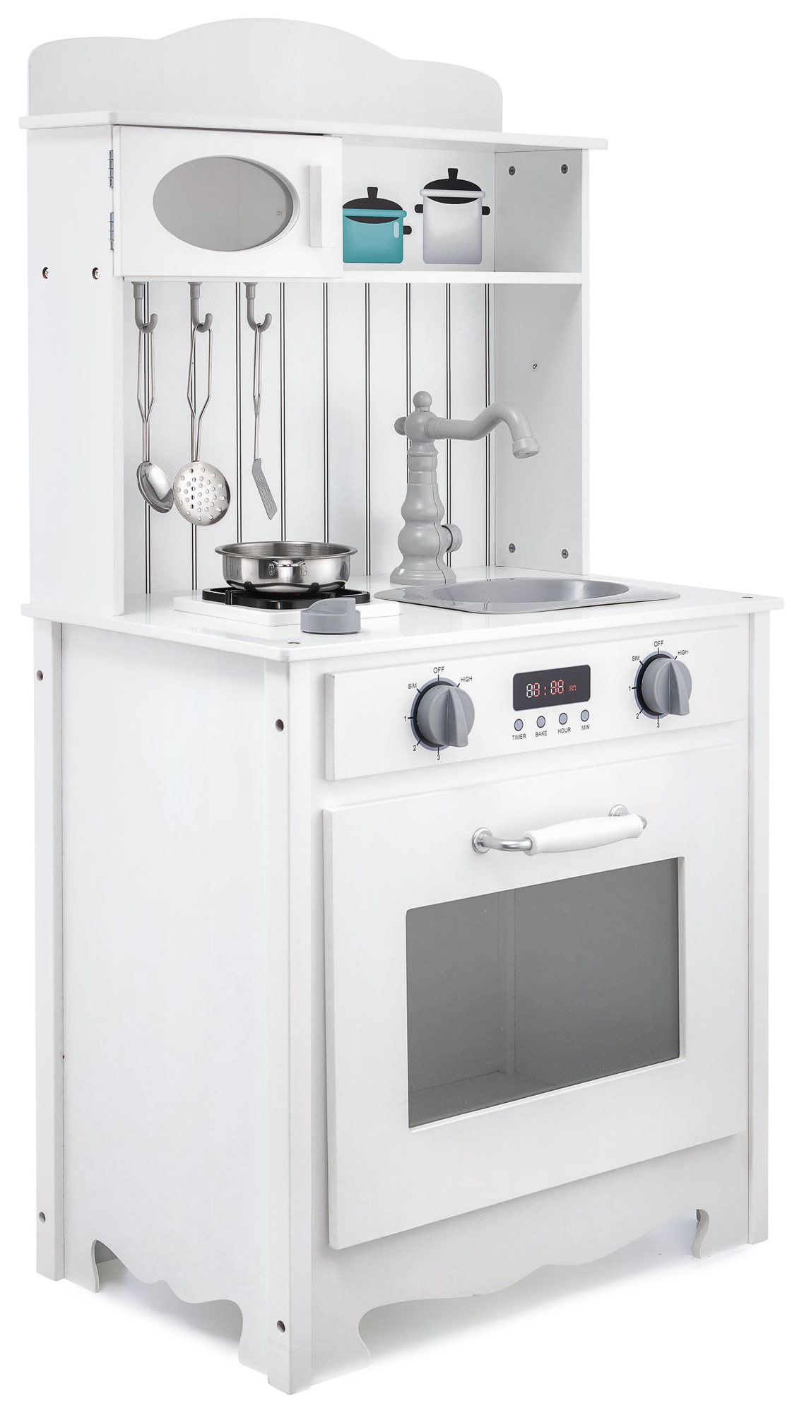 Бяла дървена кухня с престилка, аксесоари и LED лампа