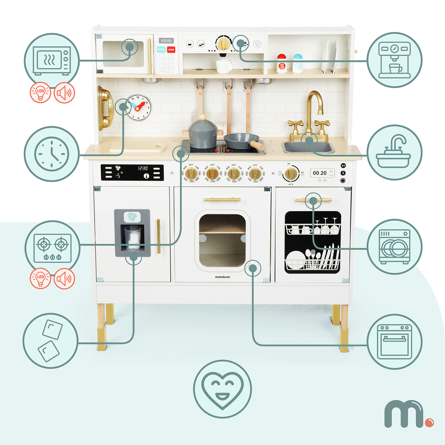 Интерактивна XXL дървена кухня с аксесоари и LED осветление - на две нива