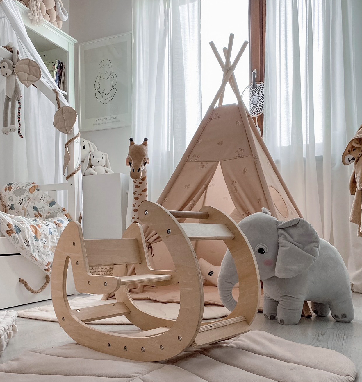 Монтесори дървена люлка за детска площадка - естествено дърво - от 12 месеца.