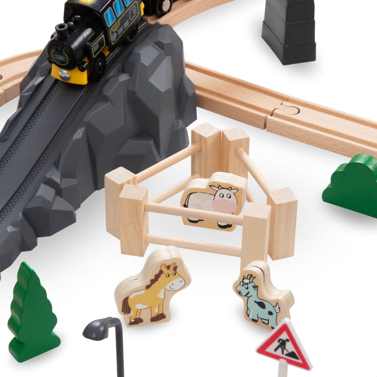 Дървена железница, акумулаторен влак - Град: релси, коли, мост, летище