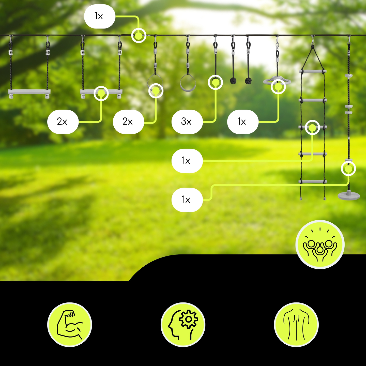Пътека с нинджа препятствия за деца - комплект HyperMotion slackline - 10 препятствия