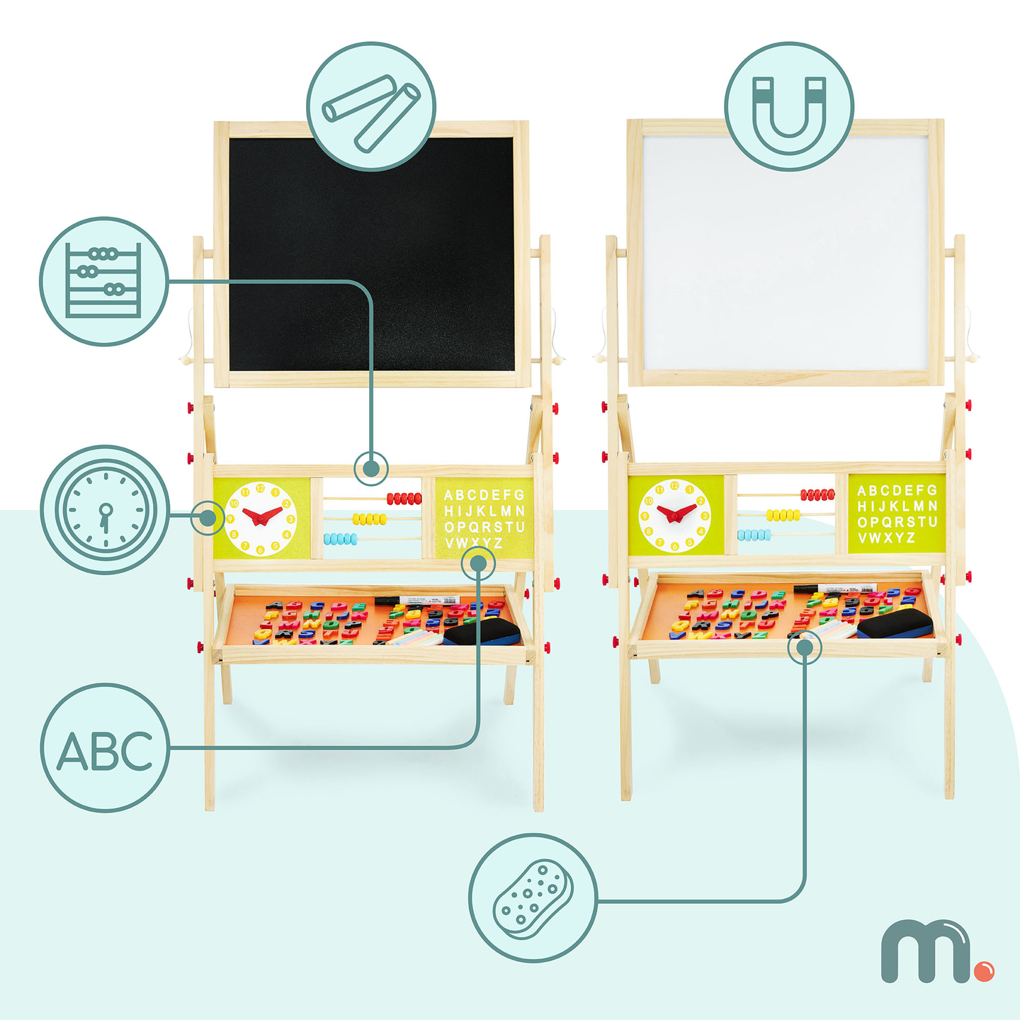 Голяма образователна двустранна дъска: магнитна и тебеширена - дъска за сухо изтриване, дървена