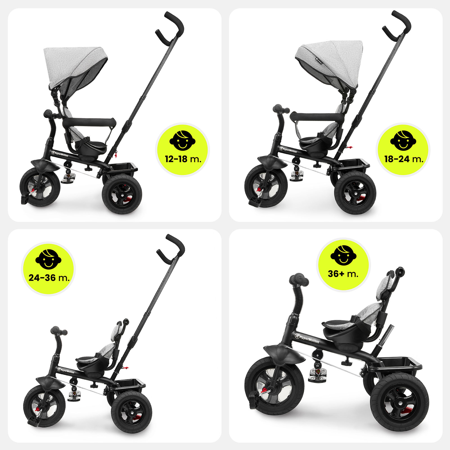 Триколка за деца от 1 до 4 години - TOBI FREY - сив цвят - въртяща се - помпени колела + бутало