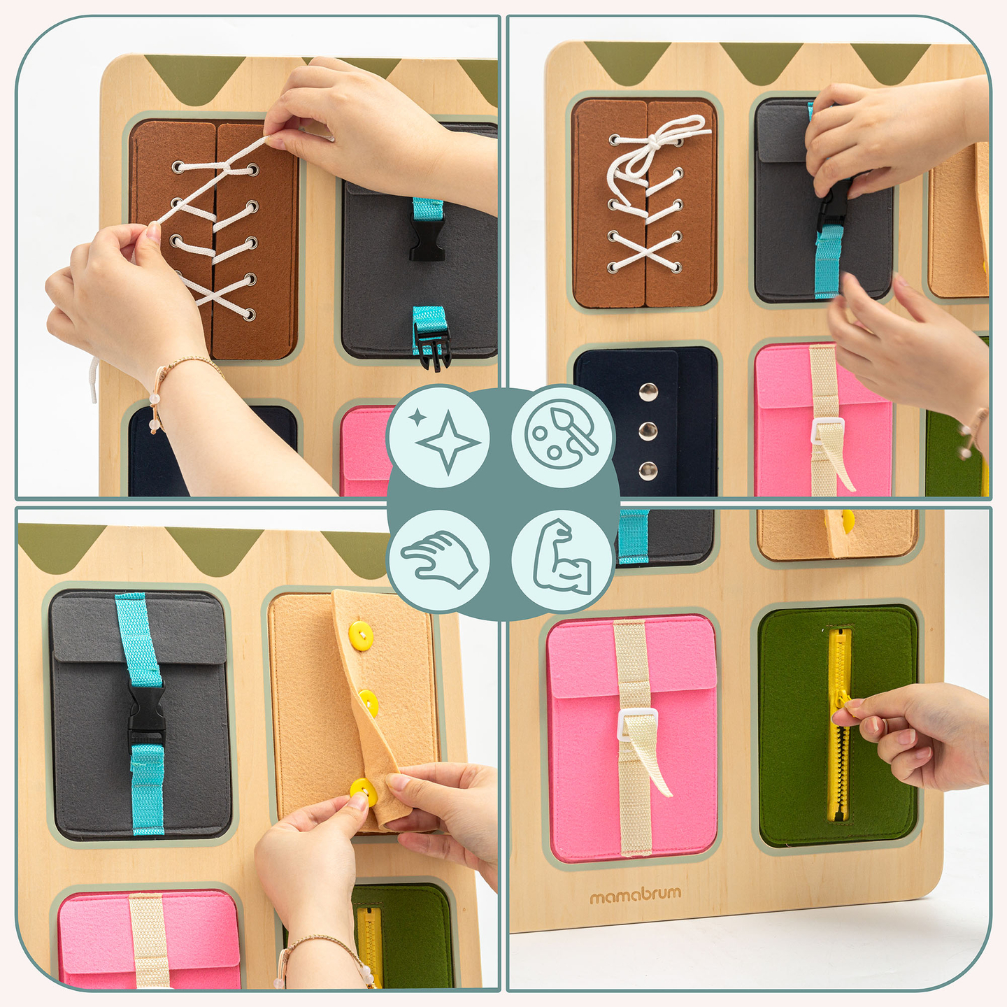 Дървена Монтесори манипулативна дъска – Сензорно обучение за самостоятелност - връзки, катарами, копчета, тик-так закопчалки, цип