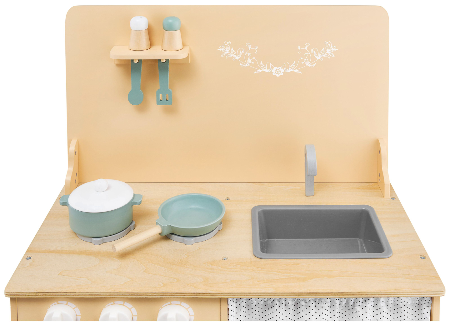 Дървена кухня с престилка, аксесоари и LED осветление