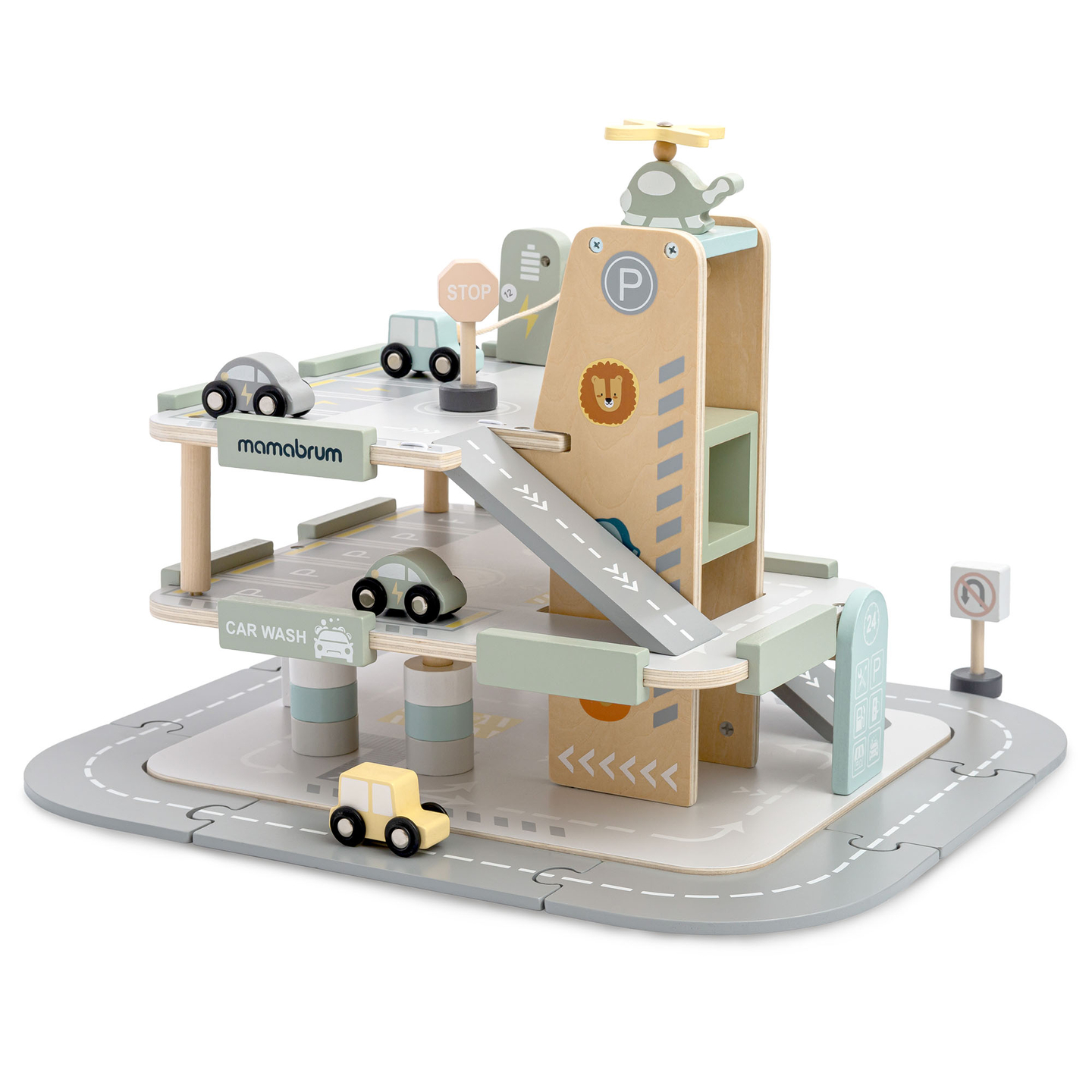 Дървен, триетажен гараж за деца с аксесоари – паркинг, бензиностанция, автомивка, хеликоптер