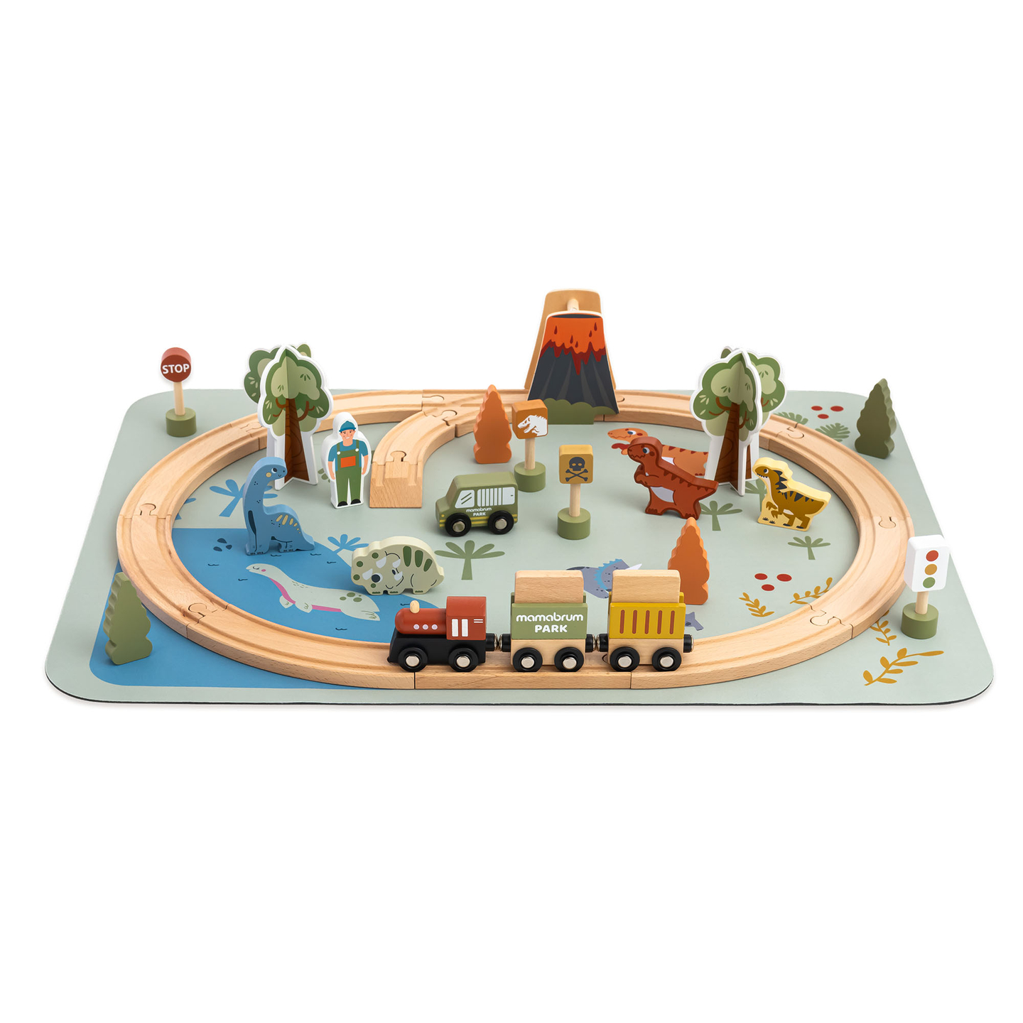 Дървено влакче Дино Парк с противоплъзгаща постелка - динозаври, влакче, релси, вулкан, камбана