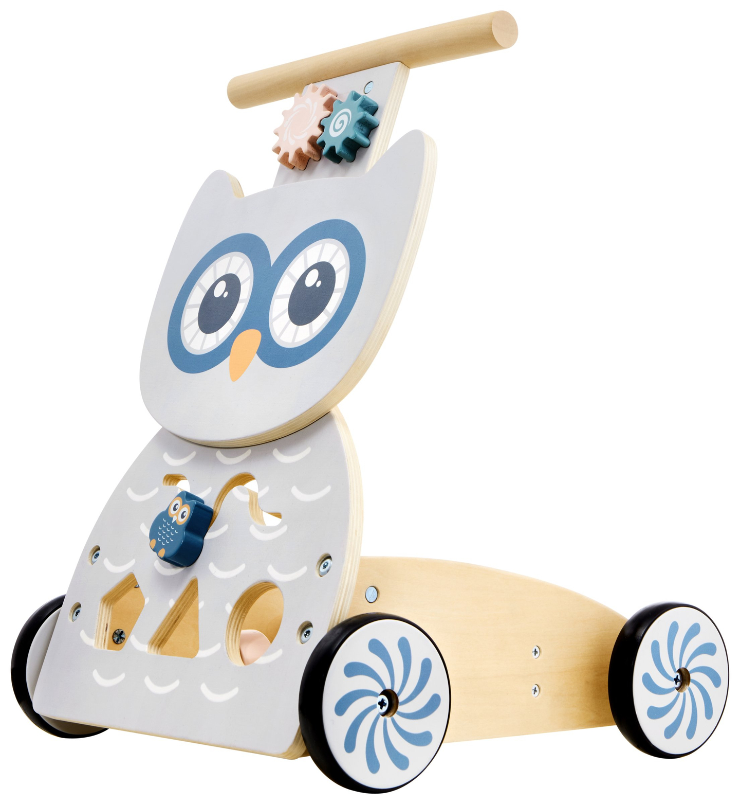 Дървена мултифункционална проходилка - буталка - количка с блокчета - Сова