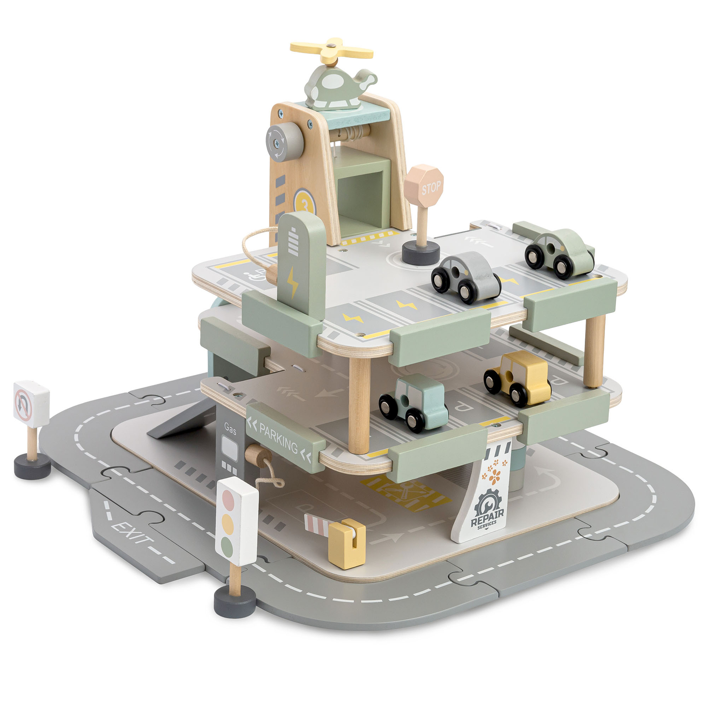 Дървен, триетажен гараж за деца с аксесоари – паркинг, бензиностанция, автомивка, хеликоптер