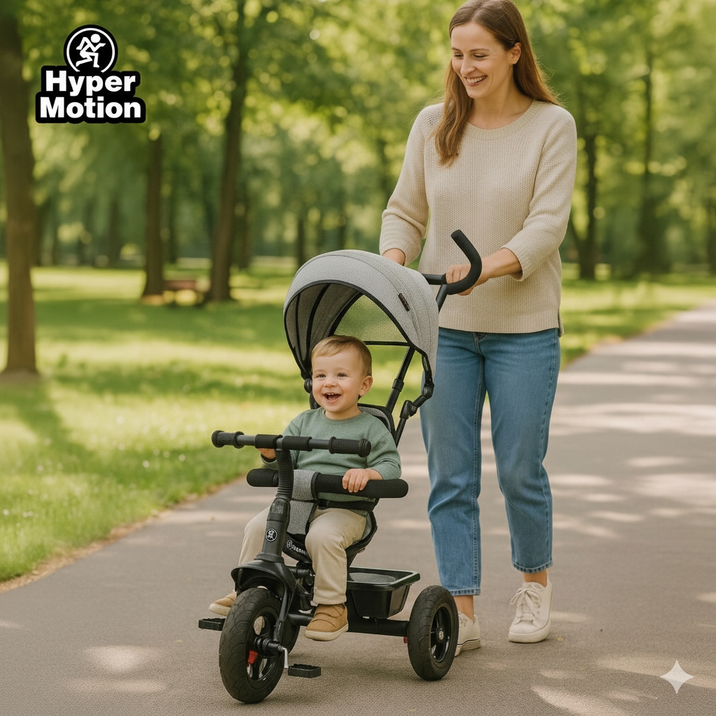 Триколка за деца от 1 до 4 години - TOBI FREY - сив цвят - въртяща се - помпени колела + бутало