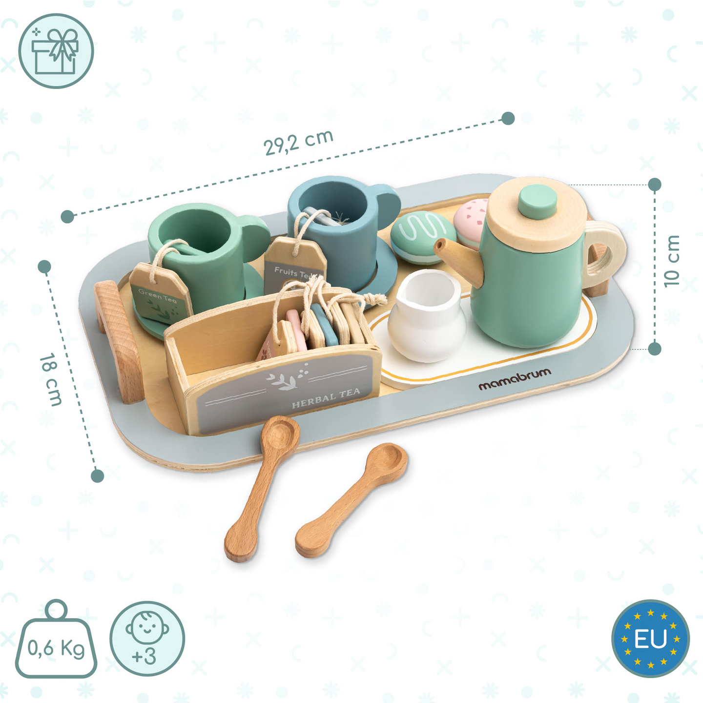 Голям дървен комплект за чай с поднос - 18 артикула