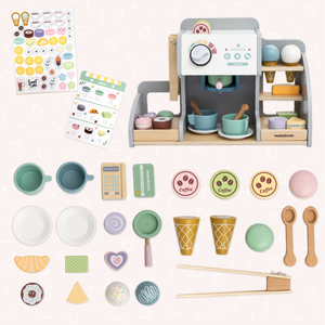 Голям дървен сладоледен салон с магнитна дъска, кафе машина и комплект за сладолед и десерти - над 70 части!