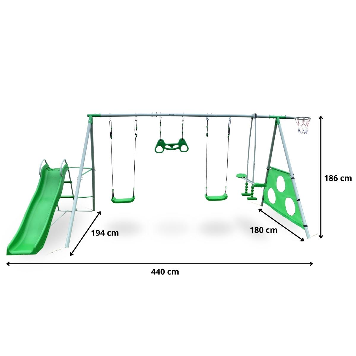 XXXL градинска площадка за деца с люлки, пързалка, гимнастически трапец, баскетболен кош и футболна врата