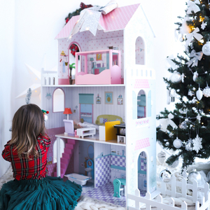 XXL Най-голямата дървена къща за кукли - 123 см - LED осветление - тераса, аксесоари, градина