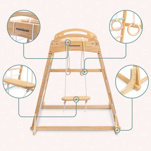 Дървена закрита детска площадка с люлка, гимнастически халки и мрежа за катерене