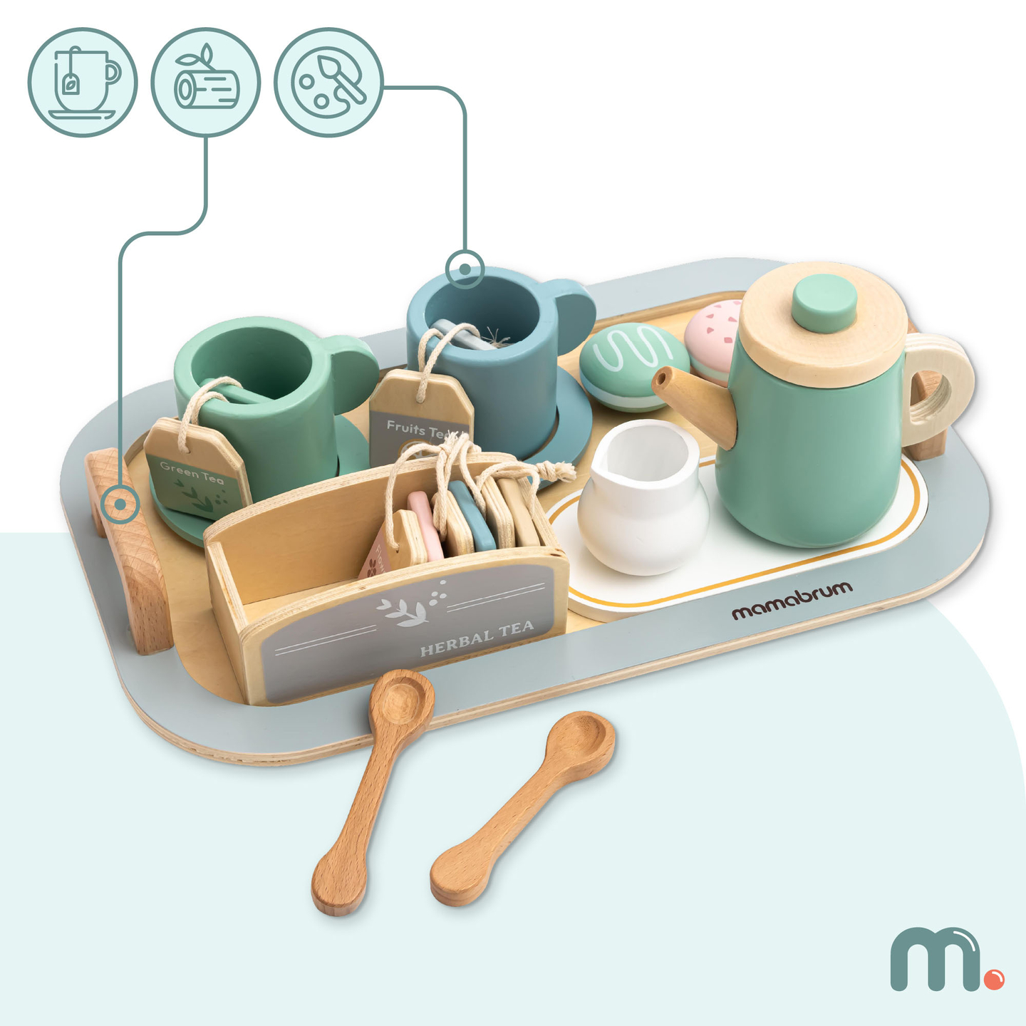 Голям дървен комплект за чай с поднос - 18 артикула