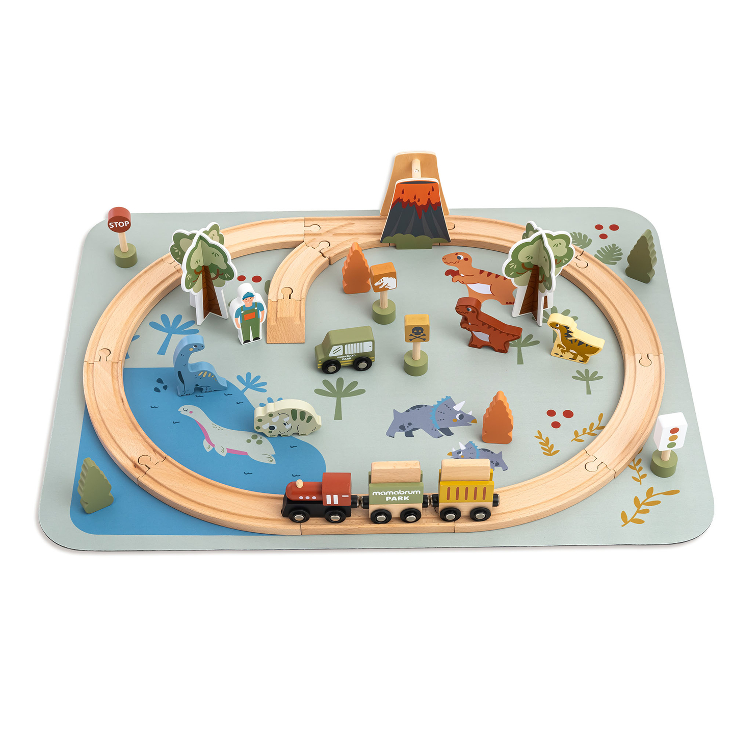 Дървено влакче Дино Парк с противоплъзгаща постелка - динозаври, влакче, релси, вулкан, камбана