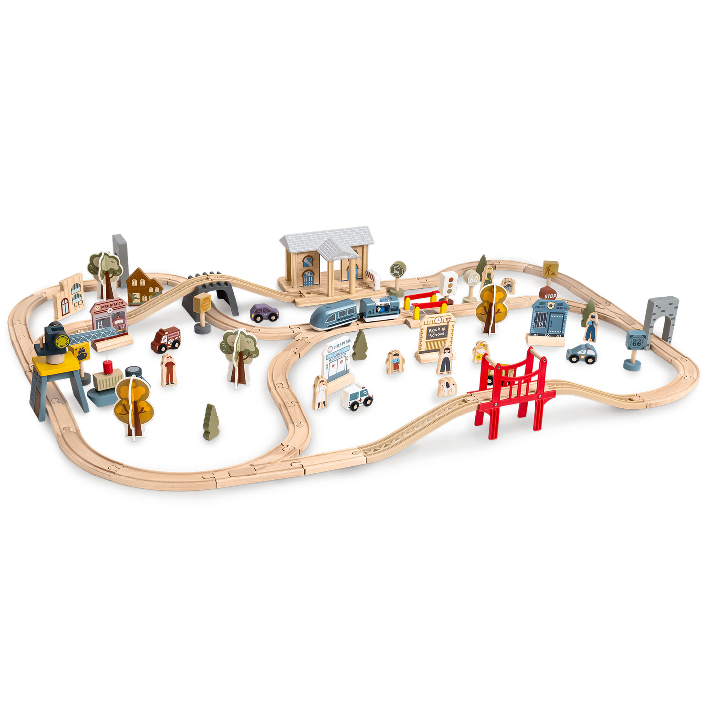 Дървена градска железница с електрически влак - движещ се кран, кораб, мостове