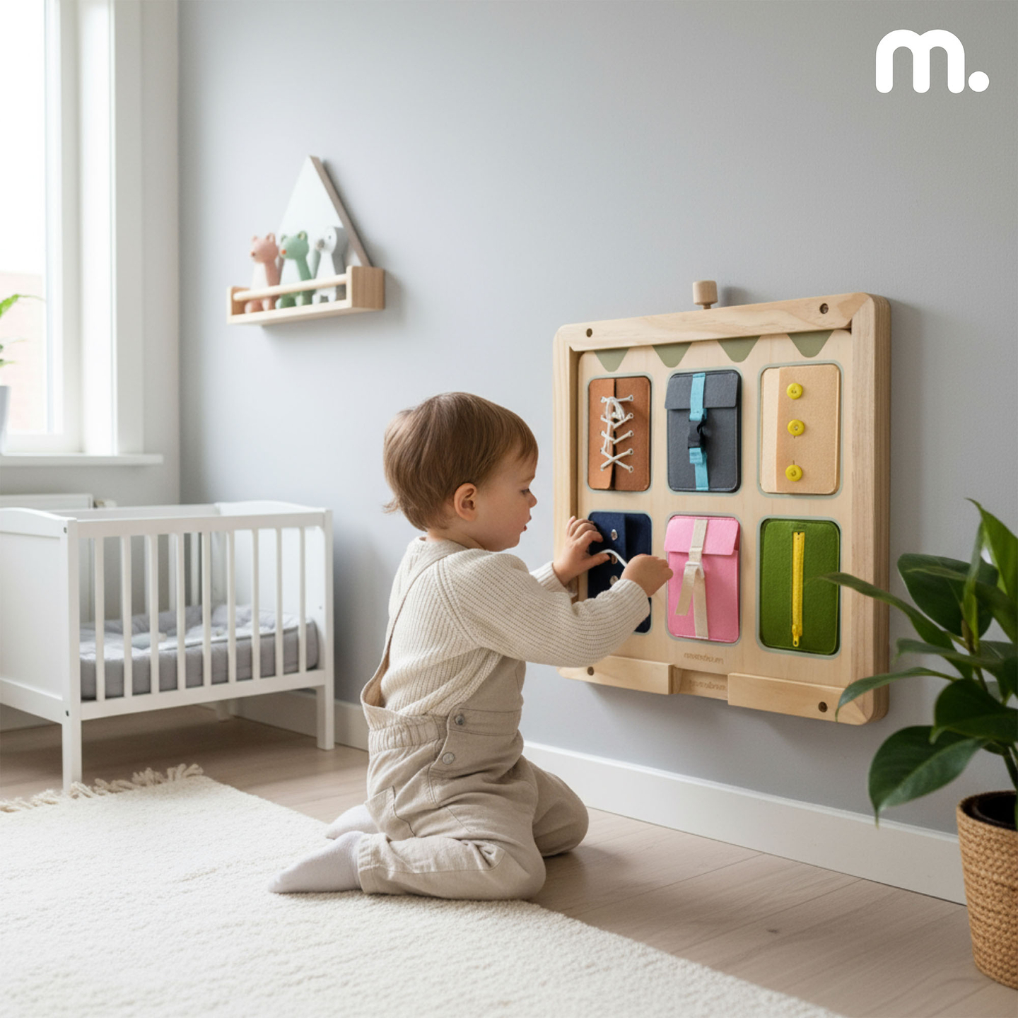 Дървена Монтесори манипулативна дъска – Сензорно обучение за самостоятелност - връзки, катарами, копчета, тик-так закопчалки, цип