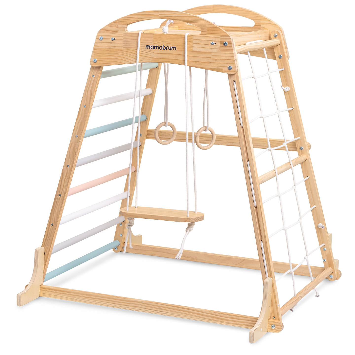 Дървена закрита детска площадка с люлка, гимнастически халки и мрежа за катерене