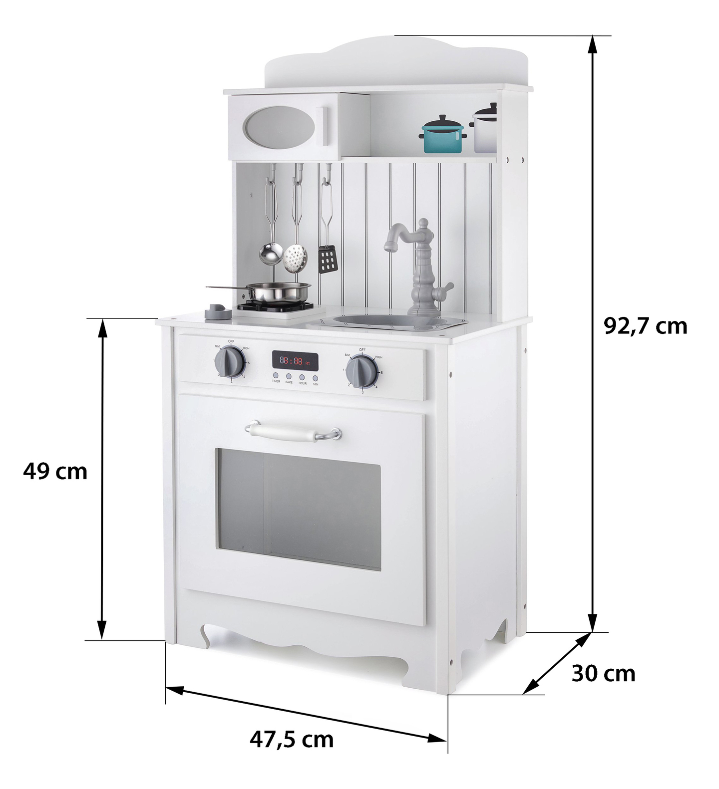 Бяла дървена кухня с престилка, аксесоари и LED лампа