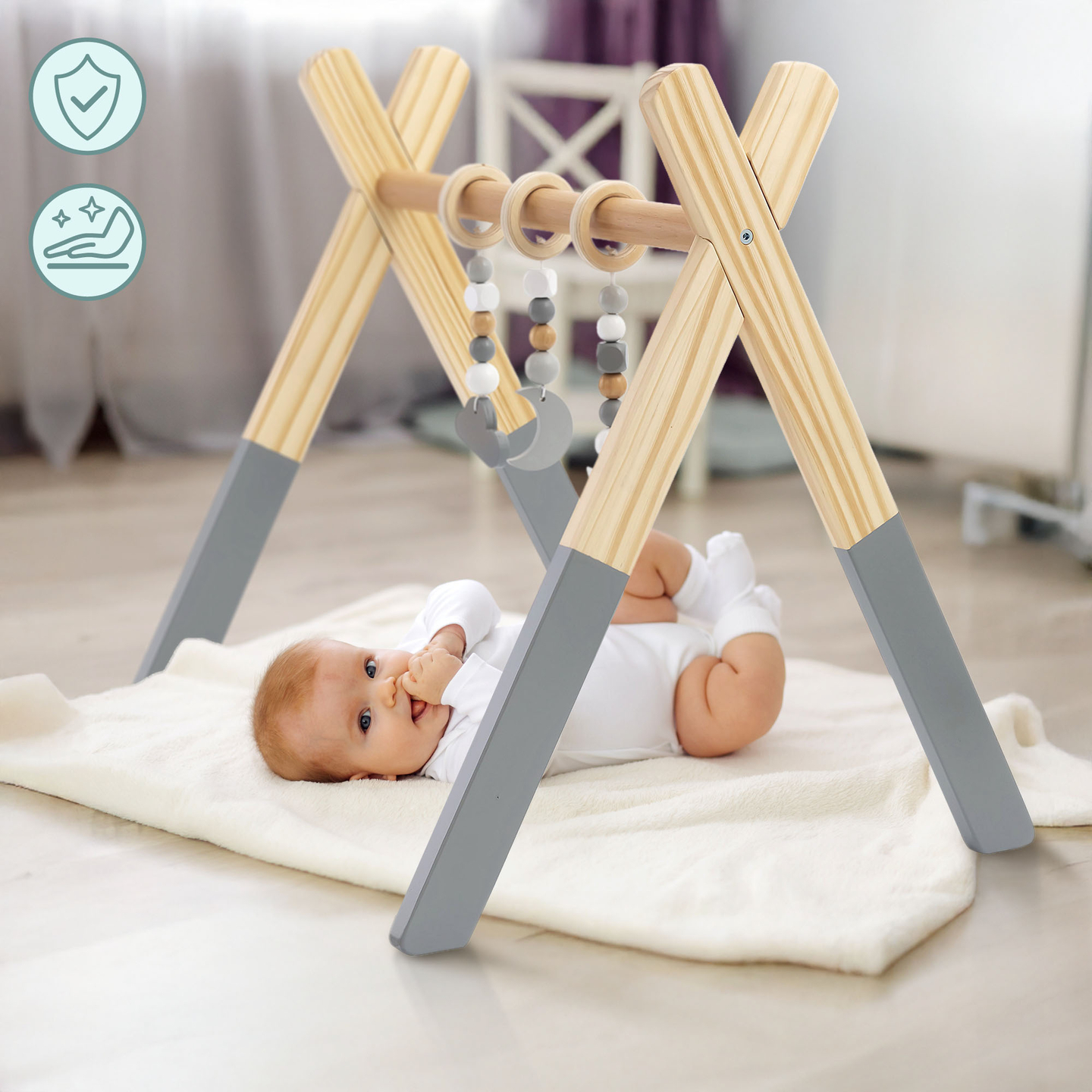 Baby Gym дървена образователна стойка - цвят сив
