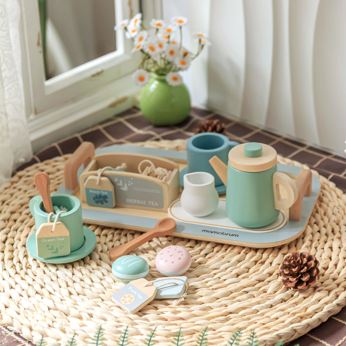 Голям дървен комплект за чай с поднос - 18 артикула