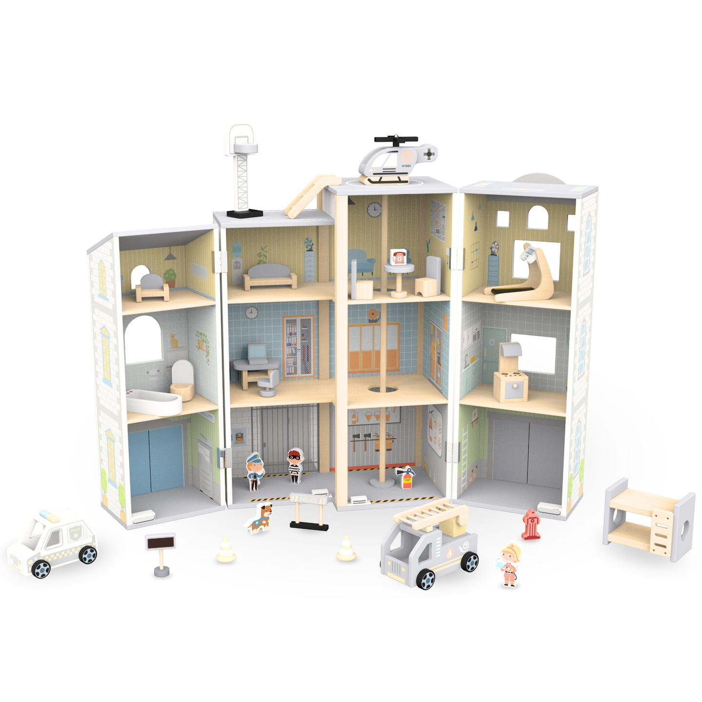 Голяма сгъваема пожарна с полицейски участък - дървен комплект. Пожарна и полицейски участък с аксесоари.