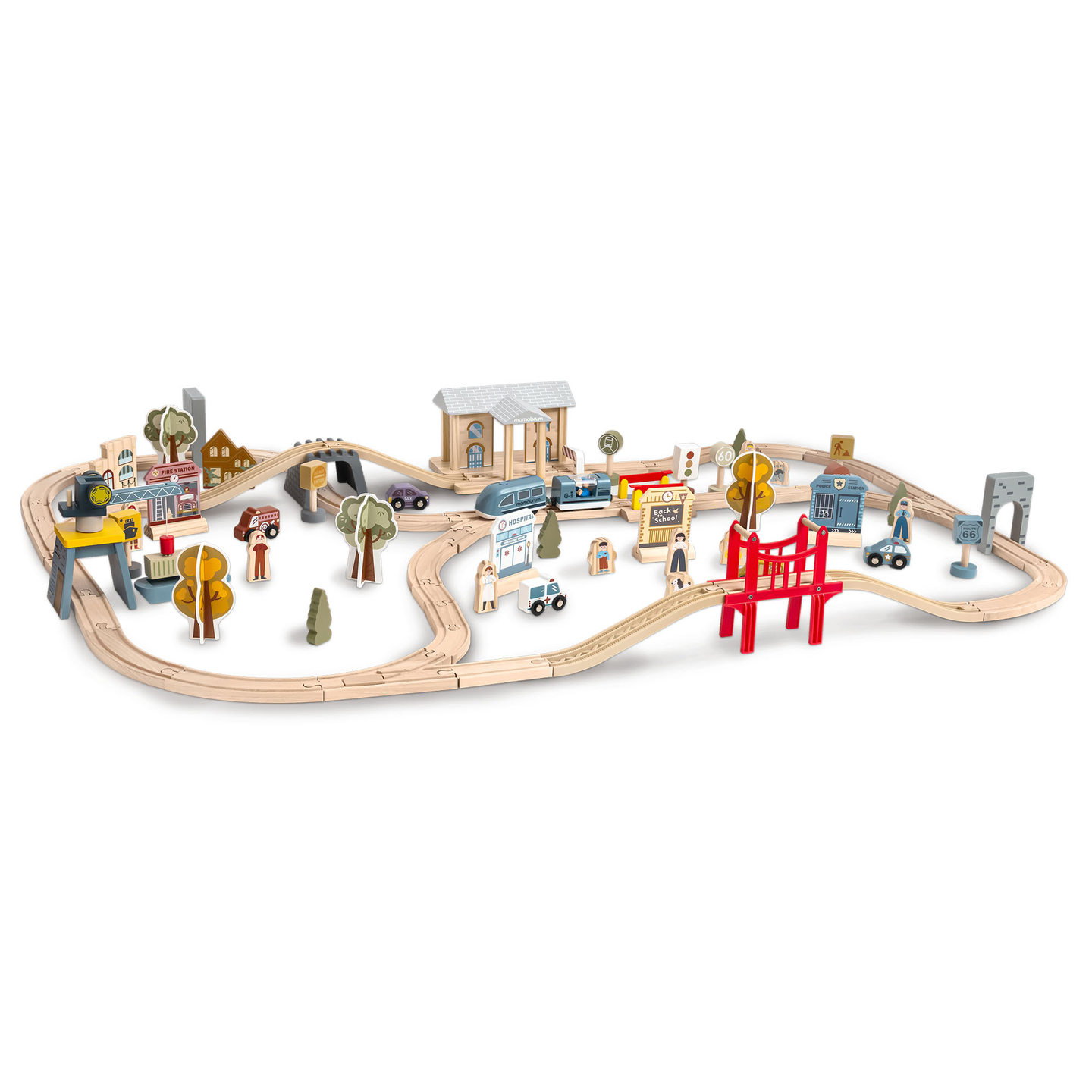 Дървена градска железница с електрически влак - движещ се кран, кораб, мостове