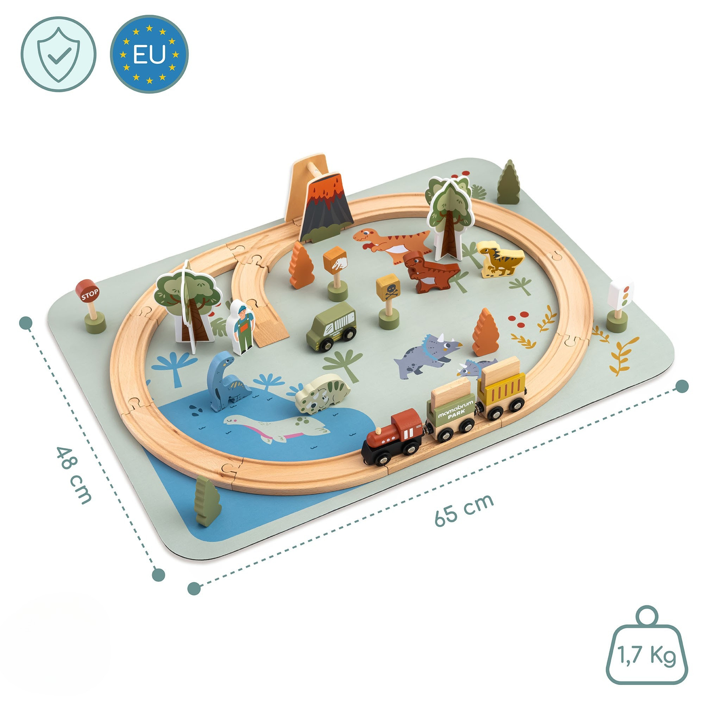 Дървено влакче Дино Парк с противоплъзгаща постелка - динозаври, влакче, релси, вулкан, камбана