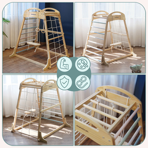 Дървена закрита детска площадка с люлка, гимнастически халки и мрежа за катерене