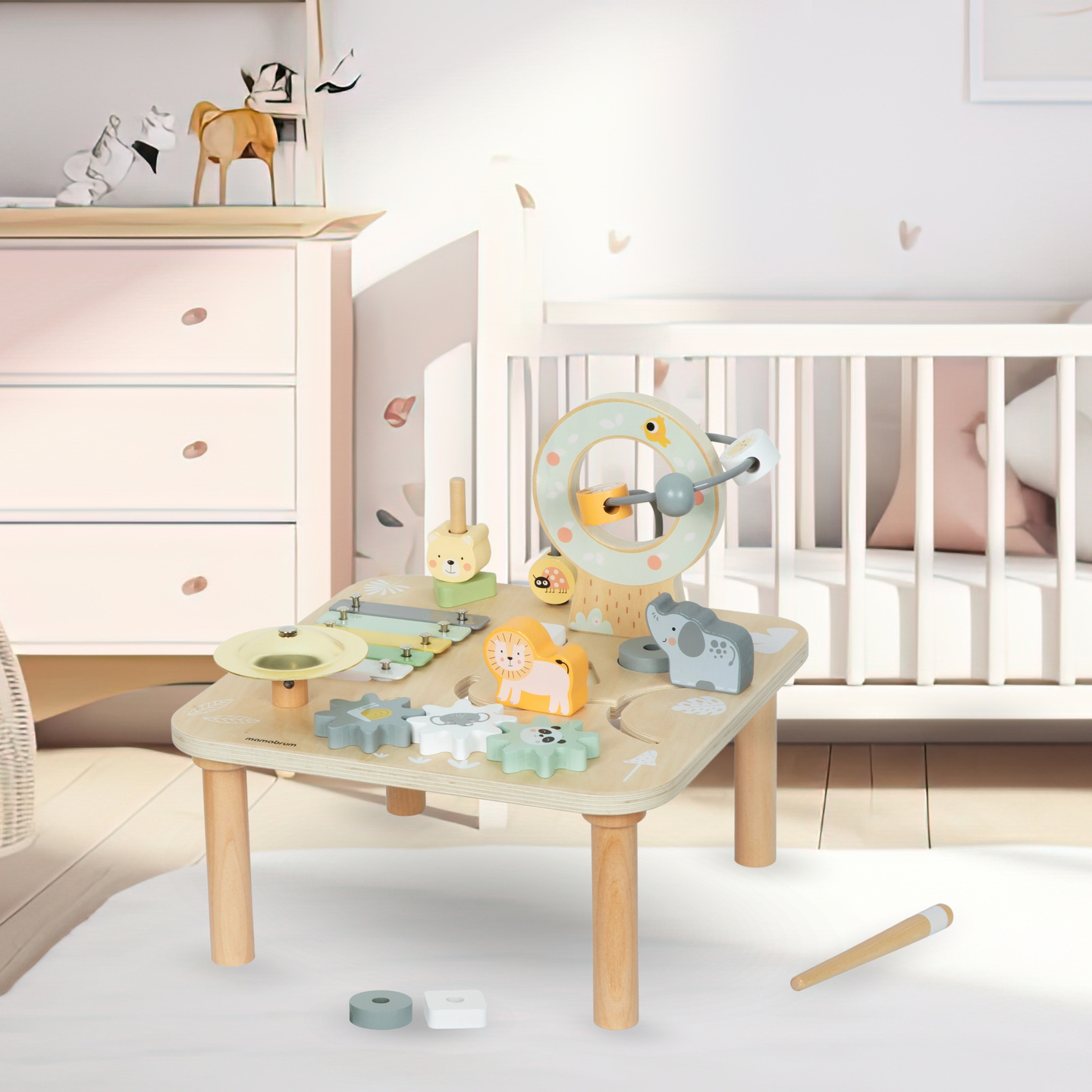 Дървена образователна музикална маса 7 в 1 с чинели и гонг - дива джунгла