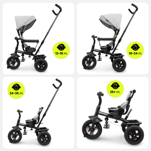 Триколка за деца от 1 до 4 години - TOBI FREY - сив цвят - въртяща се - помпени колела + бутало