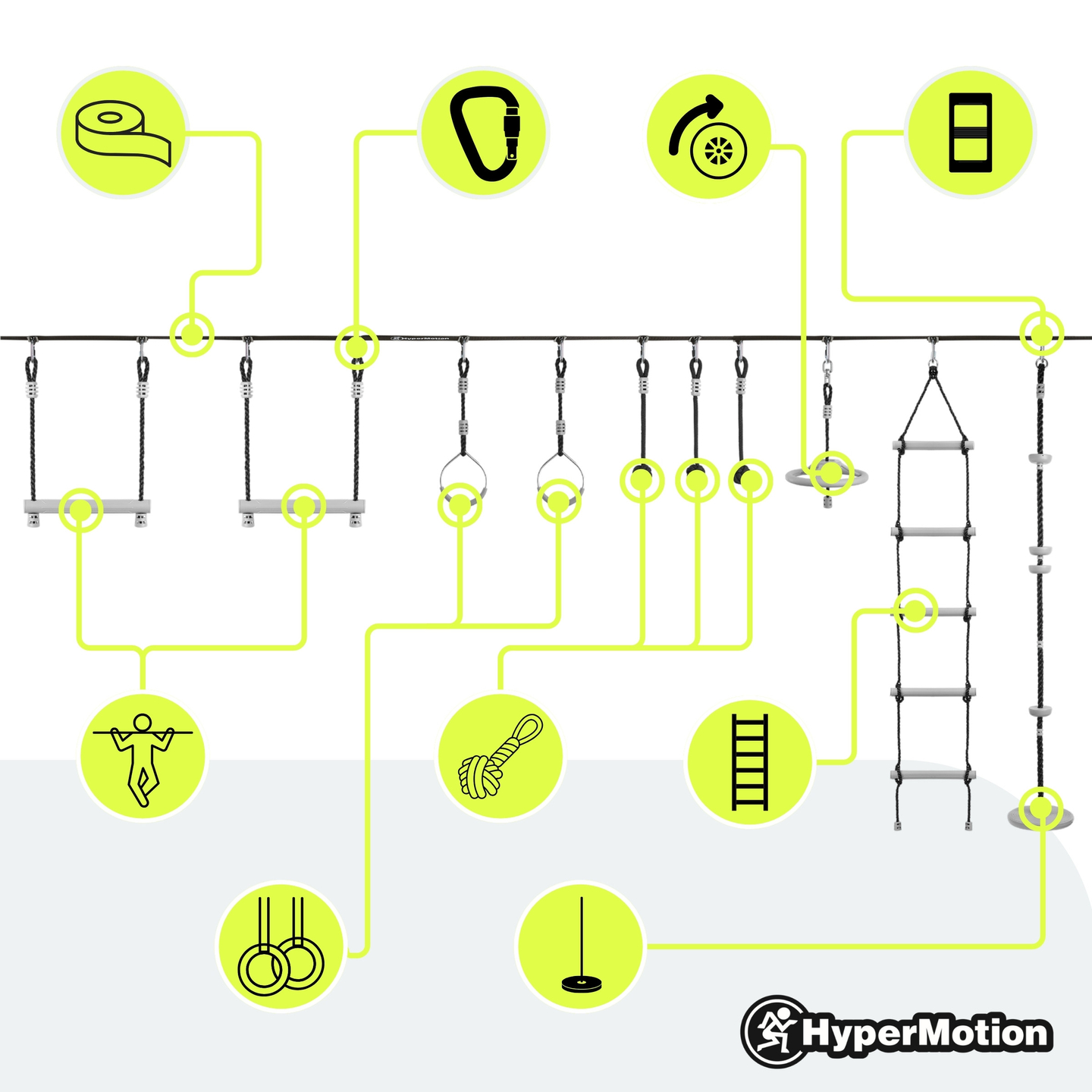 Пътека с нинджа препятствия за деца - комплект HyperMotion slackline - 10 препятствия