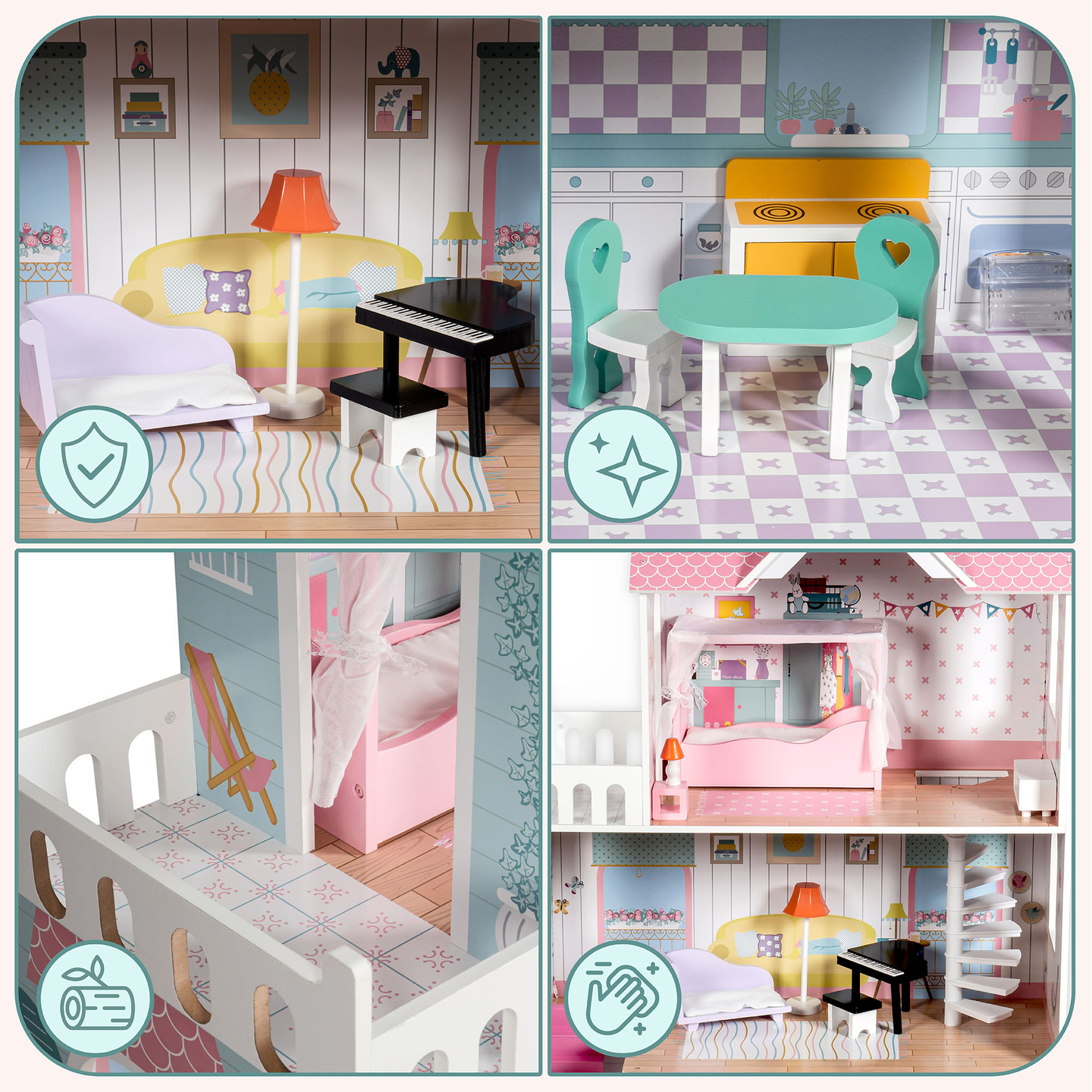 XXL Най-голямата дървена къща за кукли - 123 см - LED осветление - тераса, аксесоари, градина