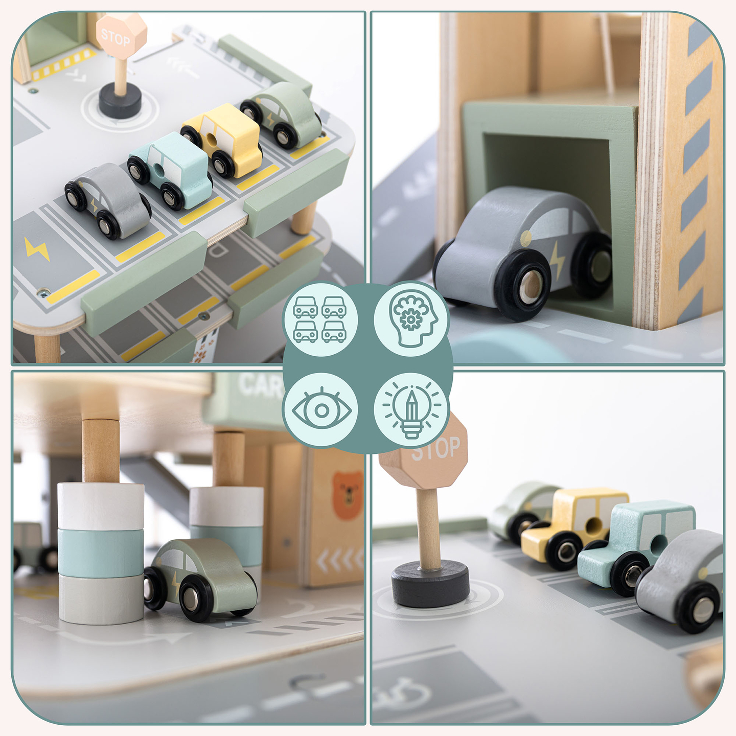 Дървен, триетажен гараж за деца с аксесоари – паркинг, бензиностанция, автомивка, хеликоптер