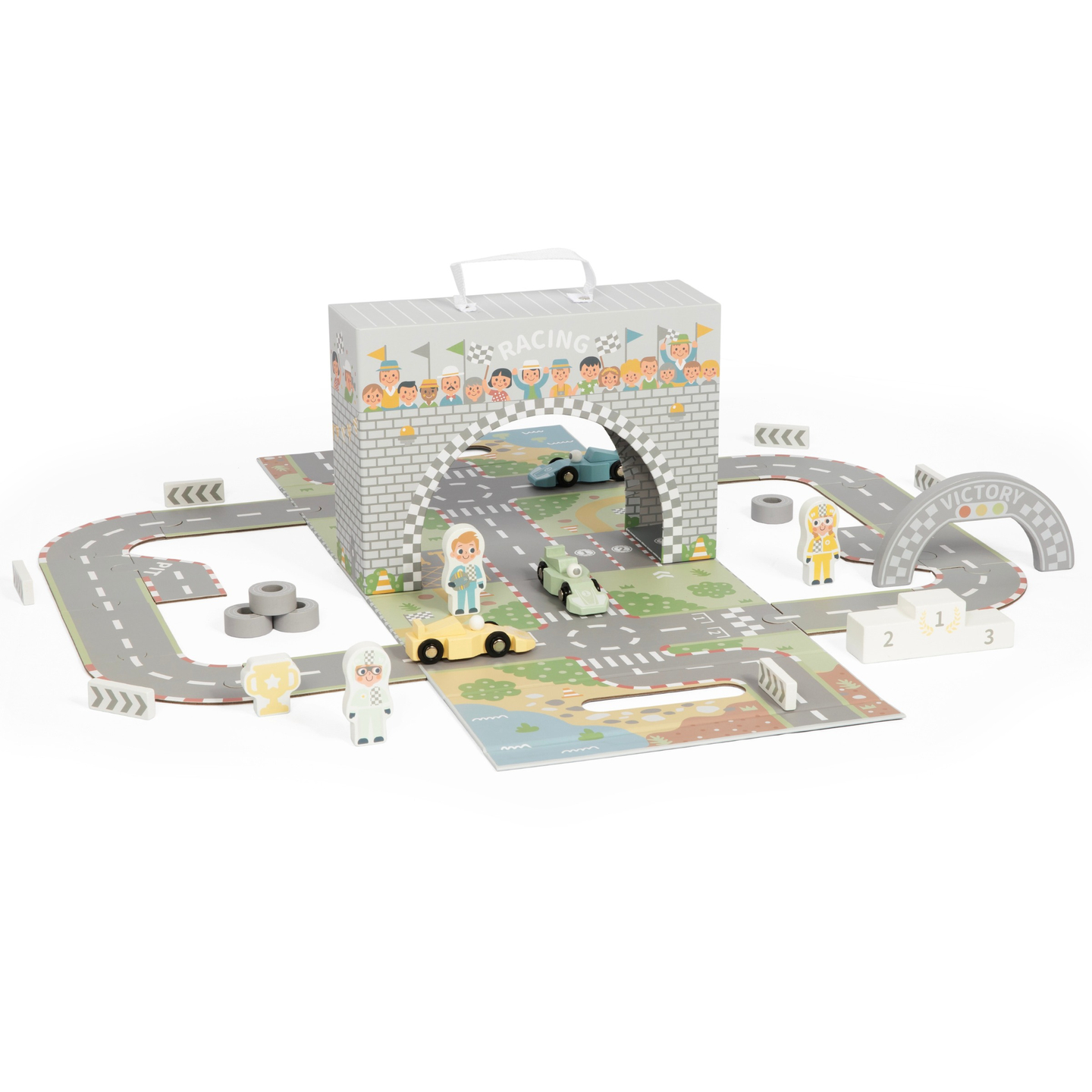 Магнитен куфар със състезателна писта, дървени превозни средства и пътни принадлежности