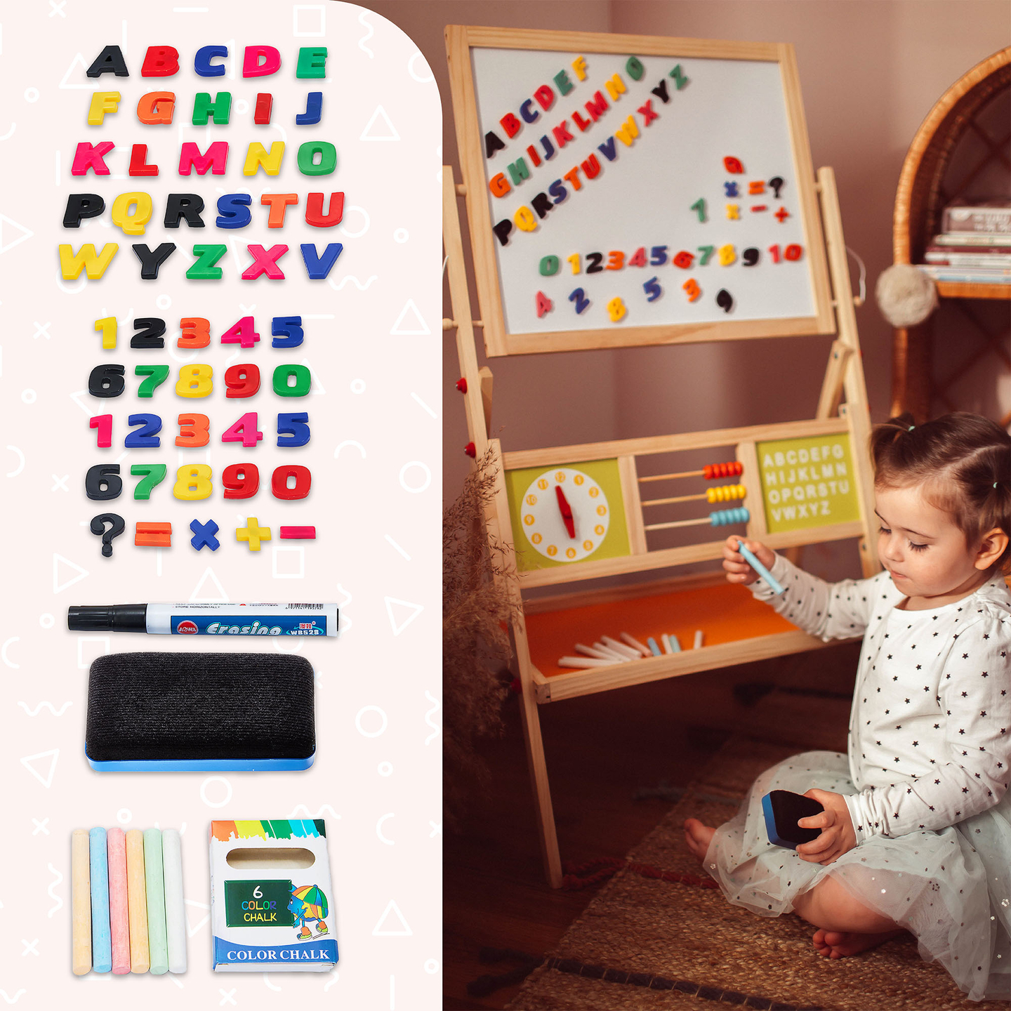 Голяма образователна двустранна дъска: магнитна и тебеширена - дъска за сухо изтриване, дървена