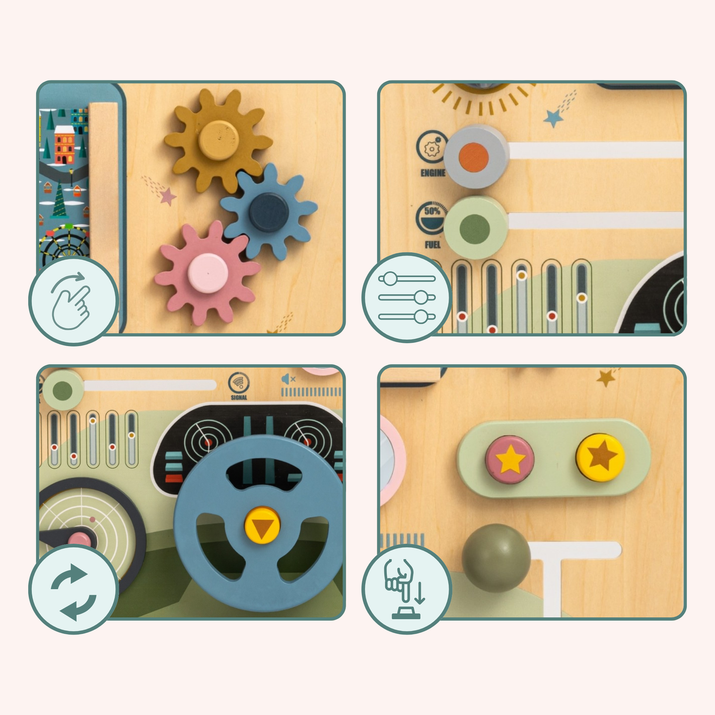 Дървена Монтесори дъска 2 в 1 Кокпит за малкия шофьор и пилот – волан, скоростен лост, карти за пътуване, радар