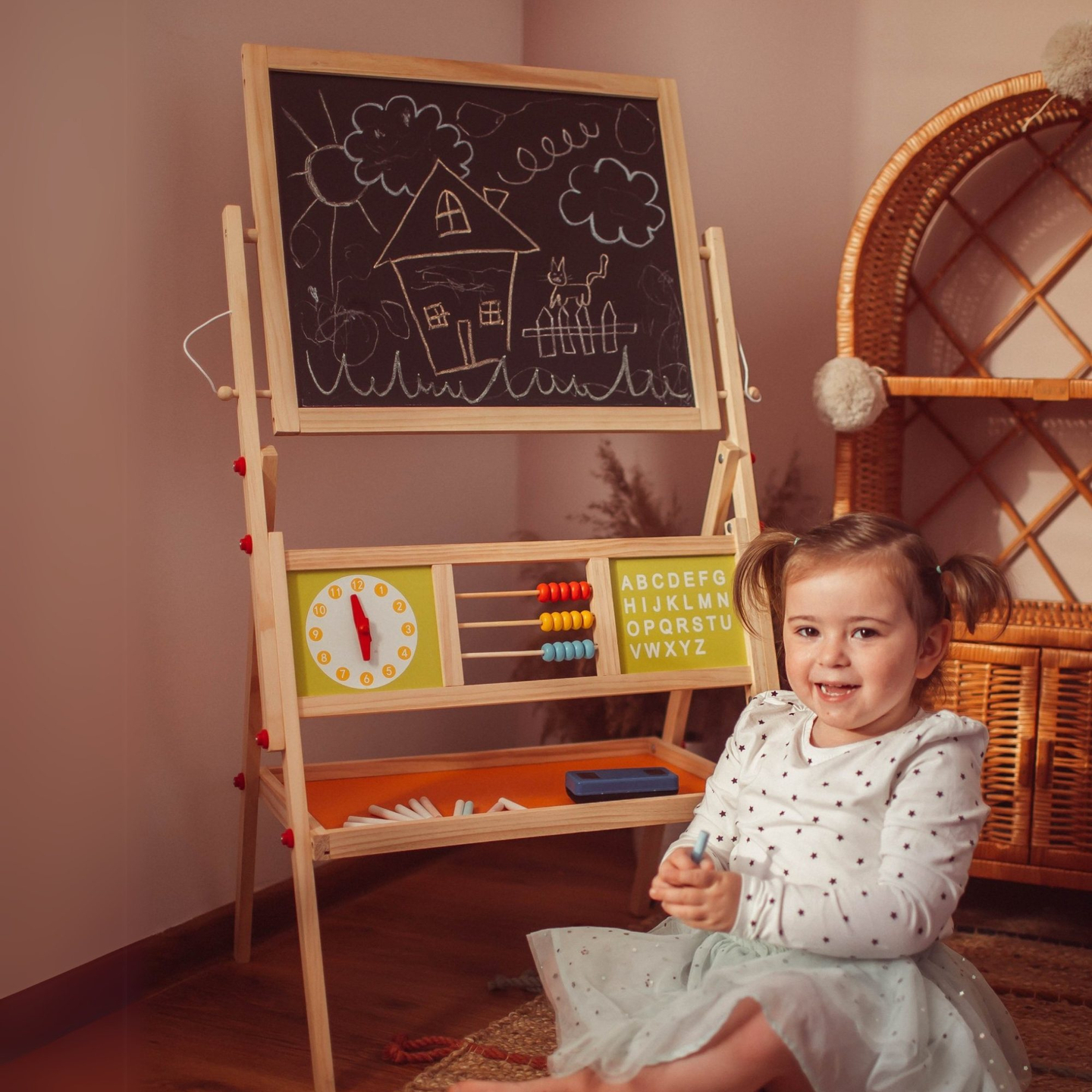 Голяма образователна двустранна дъска: магнитна и тебеширена - дъска за сухо изтриване, дървена